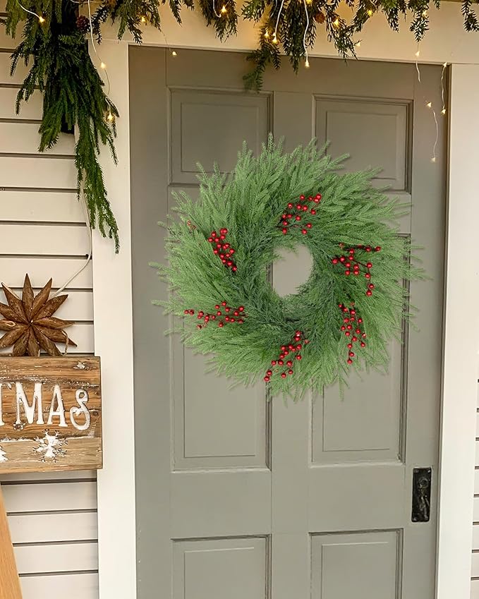 Artificial Christmas Wreaths for Front Door,26" Large Winter Wreaths for Indoor and Outdoor Christmas Decorations,Norfolk Pine Door Wreath with Red Berries for Wall Window Porch Farmhouse Stair