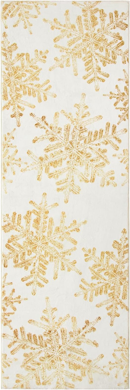 Lahome Snowflake Christmas Runner Rug, 2x6 Non Slip Christmas Rug Runners for Hallways Non Skid Washable Runner Rug Holiday Decor Carpet Runner for Kitchen Bedroom Laundry(2x6ft,Gold)