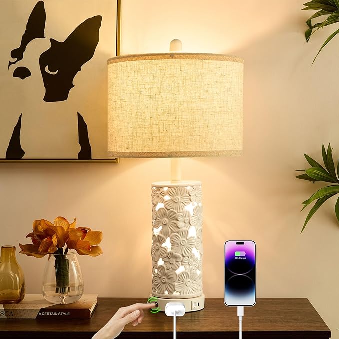 25.5" Modern Ceramic Table Lamp Bedroom Lamp for Bedside, 2 USB & AC Outlet with Night Light White Lamps Farmhouse Night Stand Lamps for Living Room Study Room Office