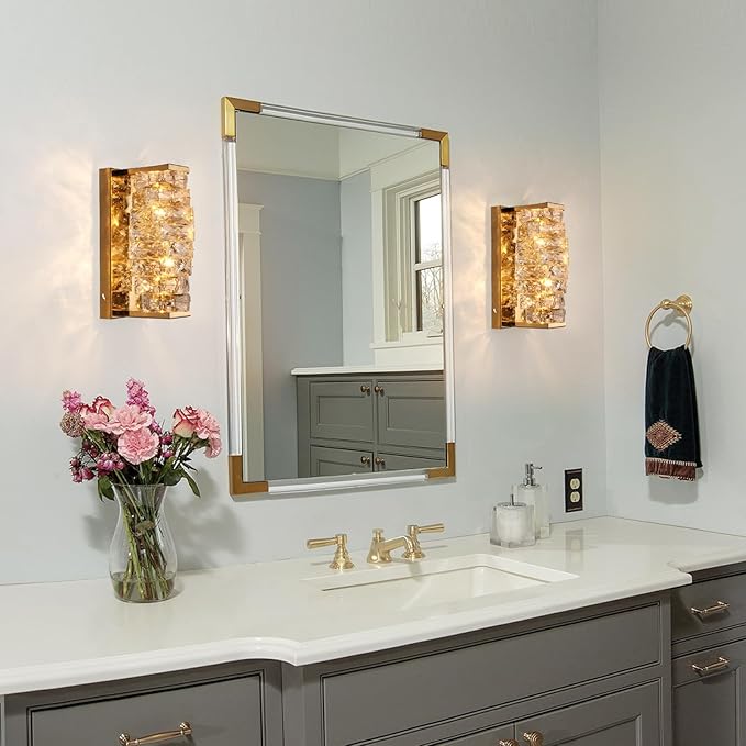 HuisMier Gold Crystal Wall Sconce, Modern Dimmable LED Sconces Wall Lighting, Luxury Vanity Light Fixture Bathroom Wall Sconces for Living Room Bedside Hallway Stairway