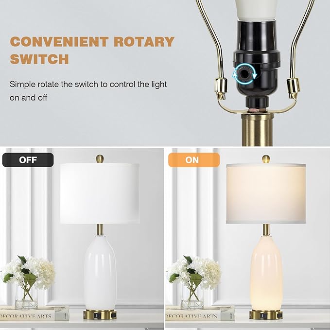 26" Modern White Glass Table Lamps Set of 2,Nightstand Lamp with USB A+C Ports & AC Outlet,Bedside Lamps with 3-Way Dimmable Touch Control Night Light for Bedroom Living Room Side Table