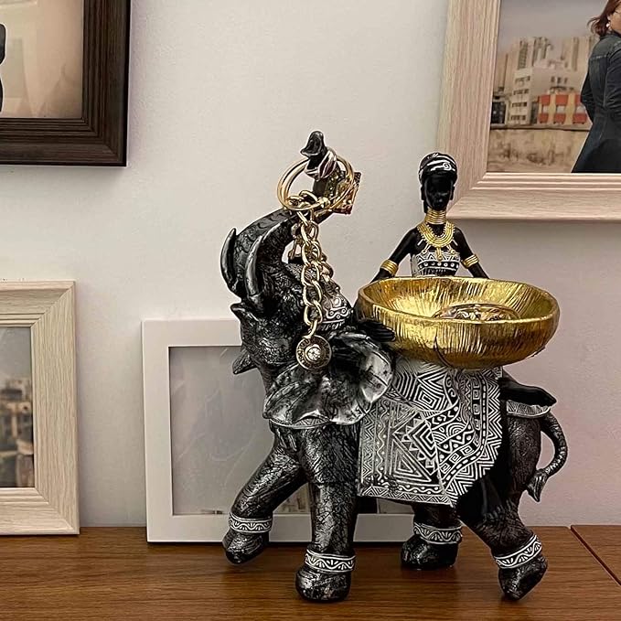African Design Silver African Elephant and Tribal Lady Figurines with Tribal Totem, Animal and Women Decor Art Sculptures, Holder Statues for Home and Table Decor 911-Black