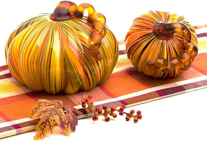 Glitzhome Hand Blown Rainbow Striped Glass Pumpkin Table Accent for Fall & Harvest Thanksgiving Decorating(6.5 Inch)