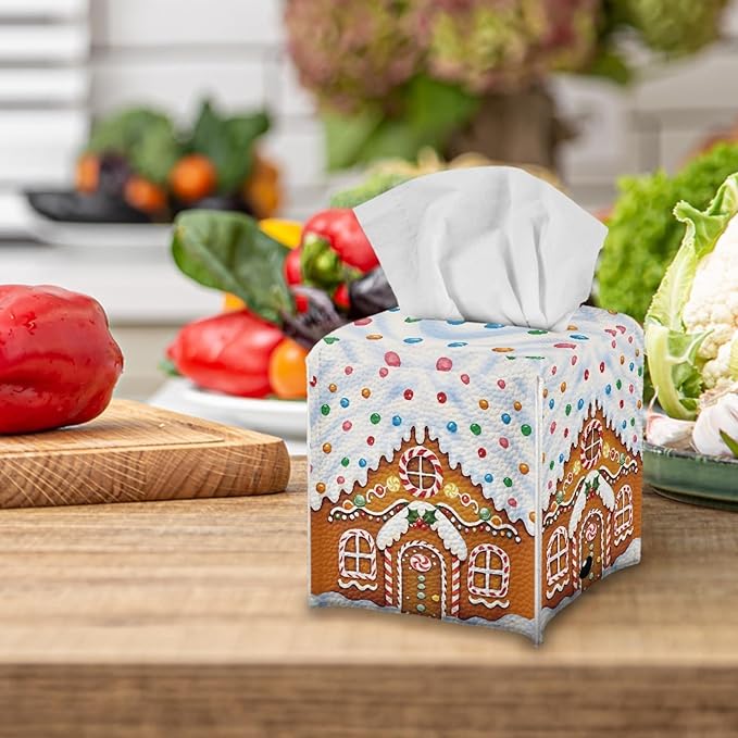 Christmas Tissue Box Square Cover Holder & Dispenser Modern Decorative PU Leather Tissue Box Holder Aesthetic Facial Paper Organizer Dispenser for Bedroom/Bathroom/Kitchen