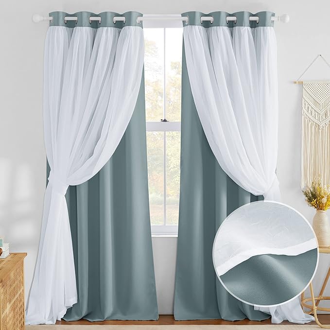 NICETOWN Greyish Blue Curtains for Bedroom Double Layers Crushed Sheer Overlay Elegant Decoration for French Country Rustic Design Window Covering with Tiebacks, 52" Wide x 84" Long, 2 Panels