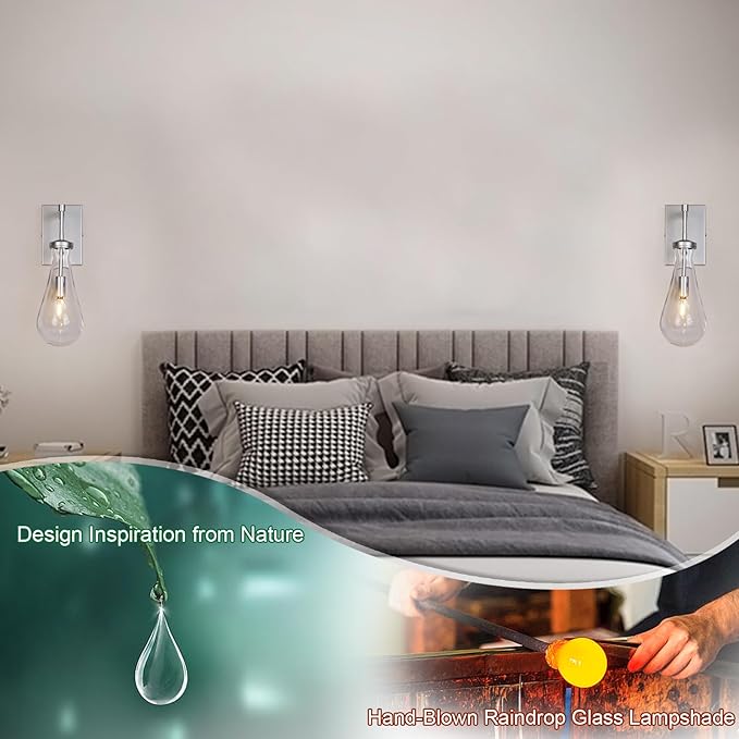 HuisMier Nickel Wall Sconces, Modern Raindrop Wall Sconce with On Off Switch, Clear Glass Wall Mounted Lamp Indoor Vanity Light Fixtures for Bathroom Bedroom Hallway Living Room, Hardwired