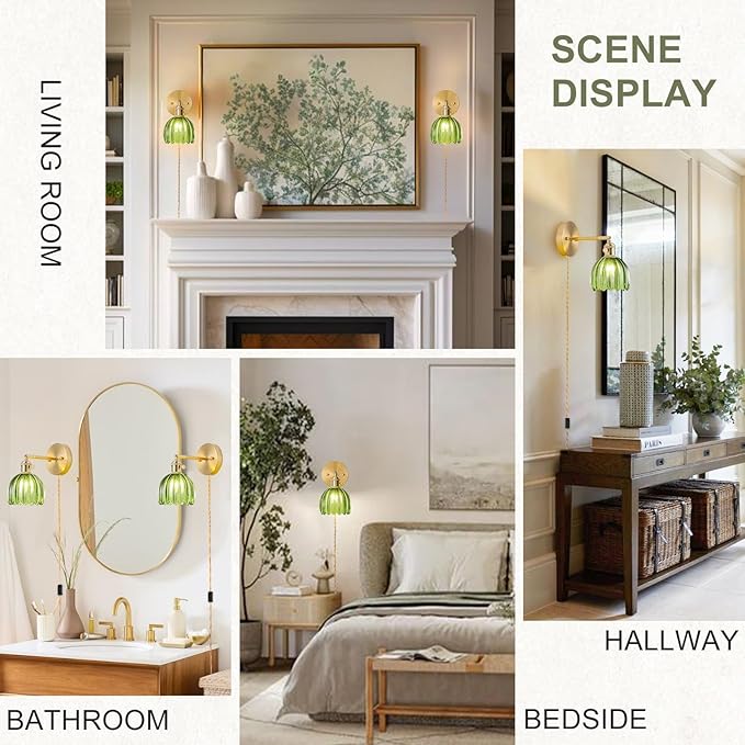 Plug in Wall Sconce, Vintage Sconce Light with Tulip Green Glass Lampshade, 180° Adjustable Wall Sconce with Switch and Plug in Wall Lamp Cord, Gold Wall Light for Bedroom Bedside