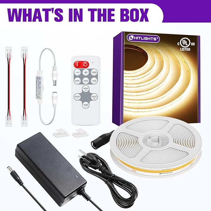 HitLights COB LED Strip Lights Kit Warm White 3000K, Dimmable Tape Light with Remote 12V Power Supply, 2640 LEDs, 426 lm/ft, CRI 90+, UL Listed, Premium Lighting for Kitchen Cabinets Bedroom,16.4ft