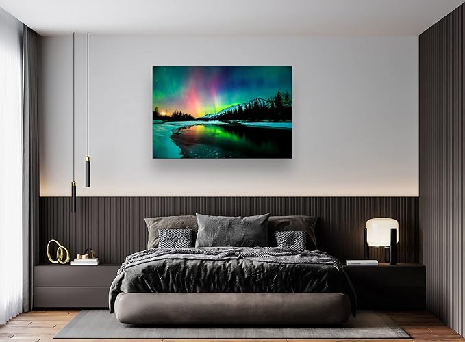 S01969 Wall Art HD Aurora Scenery Painting on Canvas Prints Stretched and Framed Pictures to Photo Ready to Hang for Home Decorations Office Wall Decor 24X36 inch
