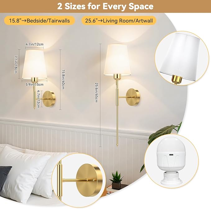 25.6 inch Battery Operated Wall Sconces Set of 2, Wireless Wall Lights with Rechargeable Bulbs & Remote, 15 Colors & Dimmable, Battery Powered Wall Lights for Bedroom, Living Room, Hallway