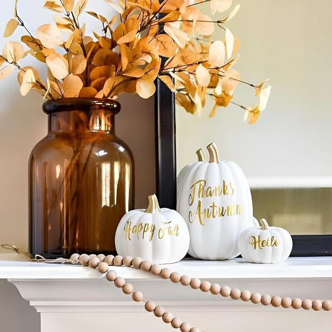 DN DECONATION 3Pcs Fall Pumpkin Decorations for Home, Faux White and Gold Words Pumpkin, Decorative Resin Pumpkins Figurines for Minimalist Modern Farmhouse Autumn Thanksgiving Fall Table Mantel Decor