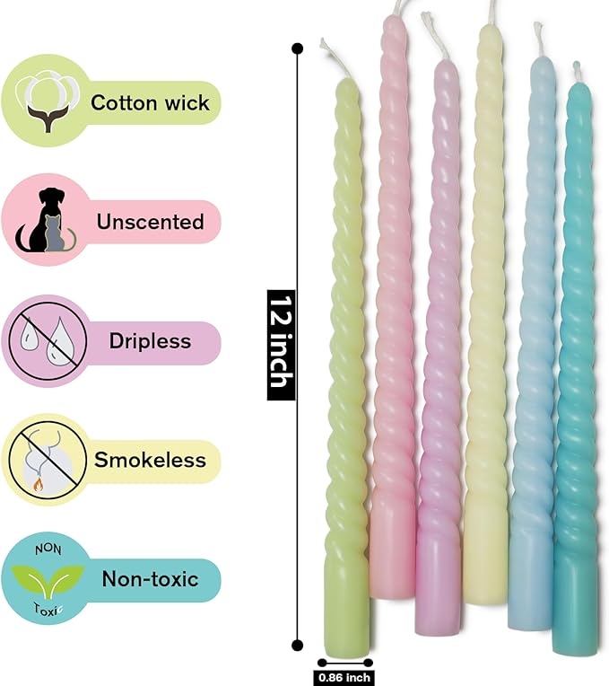 Long Taper Candles 6 Pcs Unscented Taper Candlesticks for Dinner Home Decor Kitchen Wedding Birthday Party Decorations