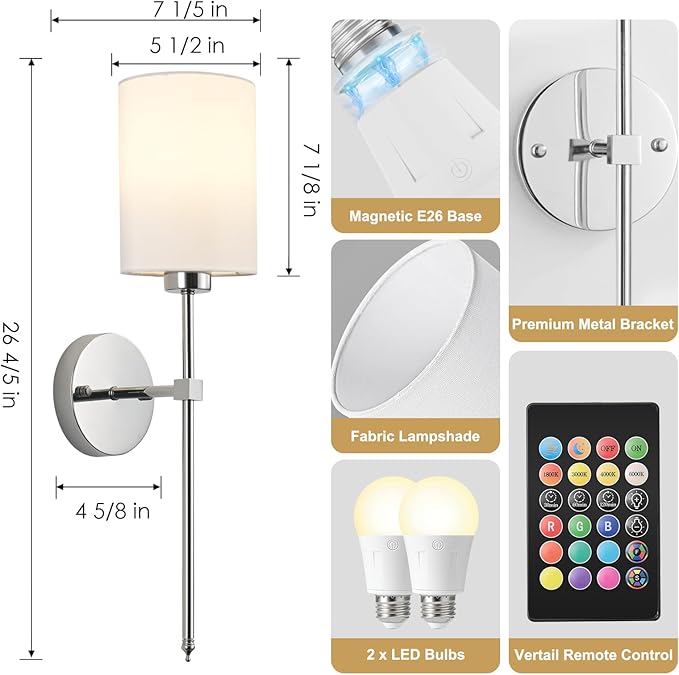 Battery Operated Wall Sconce Set of Two,Wireless Rechargeable Wall Light With Remote Control, Dimmable, 1800K/3000K/4000K/6000K/RGB, Timer, for Living Room, Bedroom, Fireplace, TV, 26.8 Inch, Chrome