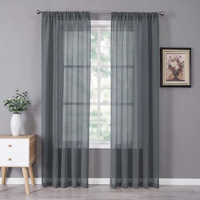 Tollpiz Sheer Curtain Linen Textured Bedroom Curtains Sheer Light Filtering Rod Pocket Voile Curtain for Living Room, 54 x 95 inches Long, Dark Grey, Set of 2 Panels