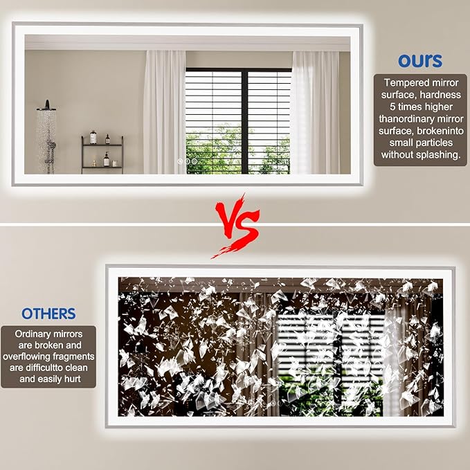 48x36 Silver LED Bathroom Mirror, Rectangle Brushed Nickel Lighted Mirror for Wall, Stepless Dimmable Led Vanity Mirror with Front-lit and Backlit, Tempered Glass, Anti-Fog, Memory