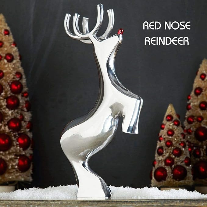 Nambé Red-Nosed Reindeer Holiday Sculpture – Christmas Tabletop Figurine by Alvaro Uribe, Polished Alloy Display for Mantel, Pairs with Sleigh and Reindeer Sets, 9.5” Tall Collectible Decor