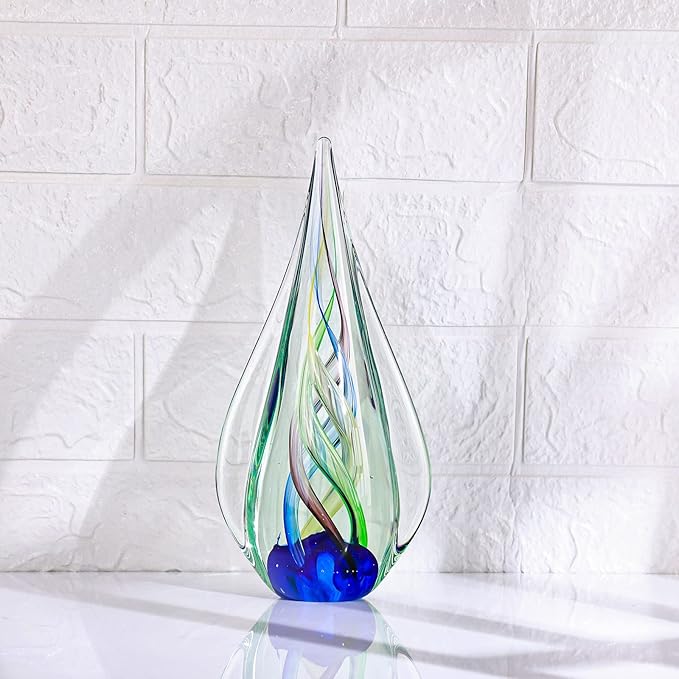 9" Tall Sculpture Hand Blown Glass Decor, Paperweight for Office Desk, Modern Glass Art Figurines Mediterranean Beach House Decor, Living Room Coffee Shelves Table Top Decoration (Aqua)
