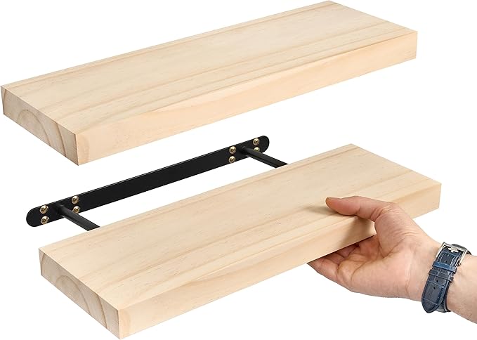 Sorbus Wood Floating Shelves for Wall - 16” Solid Wood Shelves for Bathroom Decor, Books, Bedroom & Living Room - Set of 2 Natural Wall Mounted Kitchen Shelves - Durable Solid Pine