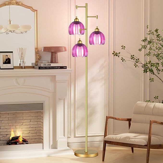Gold Floor Lamp for Living Room Bedroom-3 Light Modern Floor Lamp with Glass Lampshape, Flower Tall Lamp Glass Standing Lamp Tree Floor Lamps for Living Room Bedroom,Corner