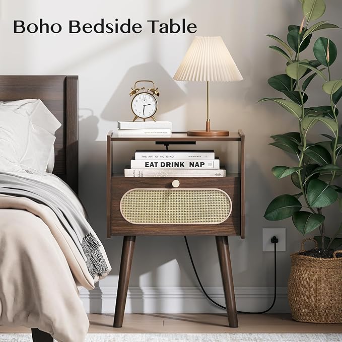 Nightstand Set of 2, Rattan Night Stands with Charging Station, Mid Century Modern Bedside Table with Drawer, Boho Dark Brown End Table with Storage, Wood Side Table for Bedroom, Dark Walnut