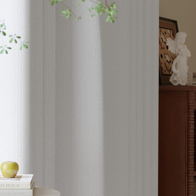 100% Blackout Curtains for Bedroom, Thermal Insulated Curtains 63 Inch Length Curtain 2 Panels, Luxury Soft Farmhouse Linen Textured Full Light Blocking Room Darkening Drapes, W52xL63, White
