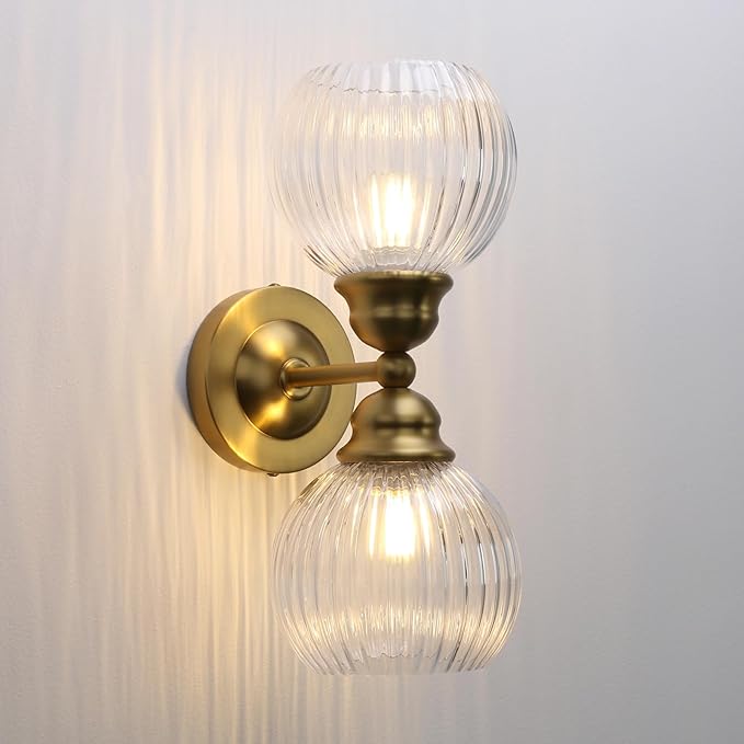 Pathson 2 Heads Wall Sconce Striped Glass Shade, 2-Light Modern Bathroom Sconces Wall Vanity Light Fixtures Brass Finish, Vintage Wall Sconce Lamp for Mirror Living Room Bedroom Farmhouse Lighting