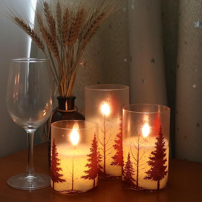 DRomance Christmas Tree Glass Flameless Candles with Remote Timer Battery Operated Real Wax 3D Wick LED Flickering Pillar Candles Christmas Holiday Decor(Red, 3 x 4,5,6 Inch)