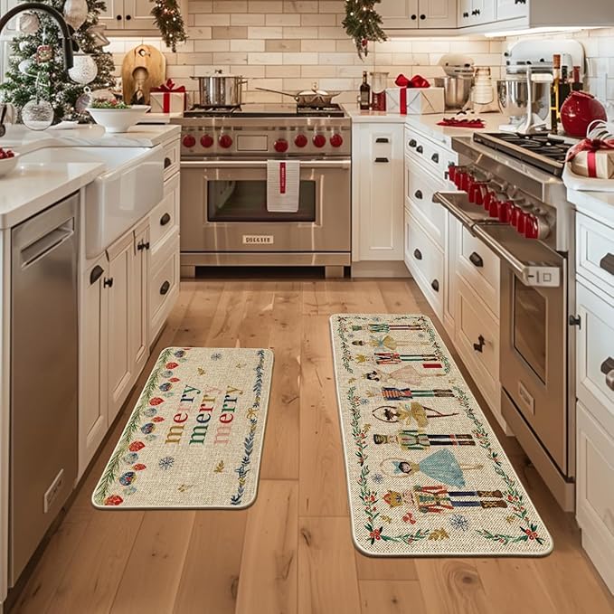 Artoid Mode Watercolor Nutcrackers Merry Christmas Decorative Kitchen Mats Set of 2, Home Party Low-Profile Kitchen Rugs - 24x35 and 24x59 Inch
