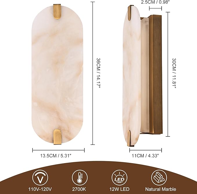 ZEROUNO Alabaster Wall Sconces, 14.2 inch Natural Marble Wall lamp,Dimmable Alabaster Wall Light Fixtures for Stairs Bathroom Living Room Bedroom or Vanity,Hallway(Brushed Bronze
