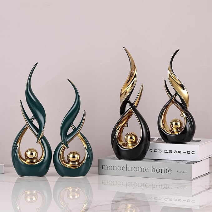 2 PCS Green Gold Ceramic Statues For Home Decor Accents, Modern Abstract Art Sculptures, Elegant Tabletop Decorative Objects For Dining Room, Entryway, Tv Stand, Mantel, Coffee Table Centerpieces