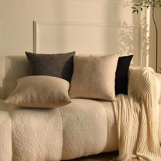 JIUZHEN 20x20 Inch Black Faux Linen Pillow Covers Set of 2, Modern Minimalist Decorative Pillowcase for Sofa Office, Luxury Textured Dark Cushion Cover