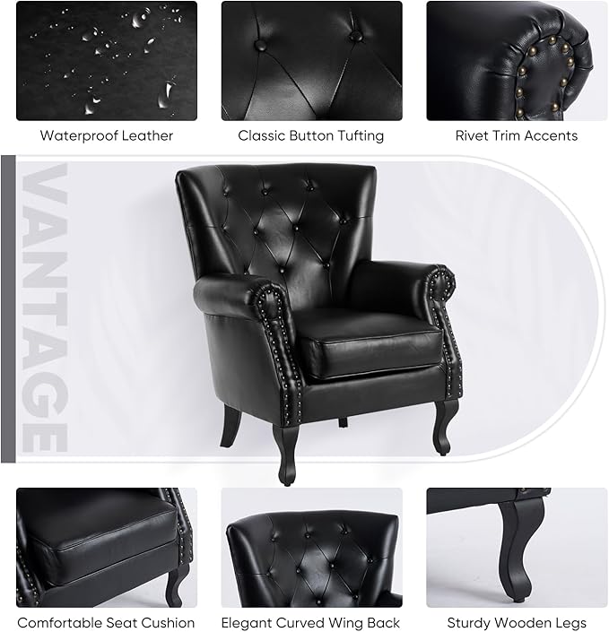 MOJAY PU Leather Accent Chair, Mid-Century Modern Armchair Living Room Club Chair with Tufted Button & Rivet Trim, Upholstered Sofa Chair with Sturdy Wood Legs for Bedroom (Black)