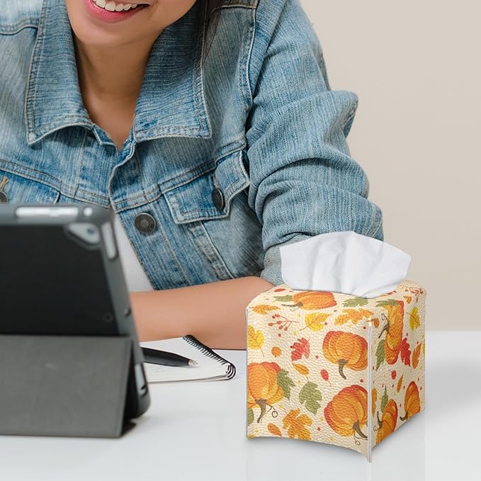 Pumpkin Maple Leaf Tissue Box Holder Square Tissue Holder Organizer Modern Napkin Cover for Bedroom Dresser Night Stand Office Desk PU Leather Decorative Organizer Thanksgiving Home Decor