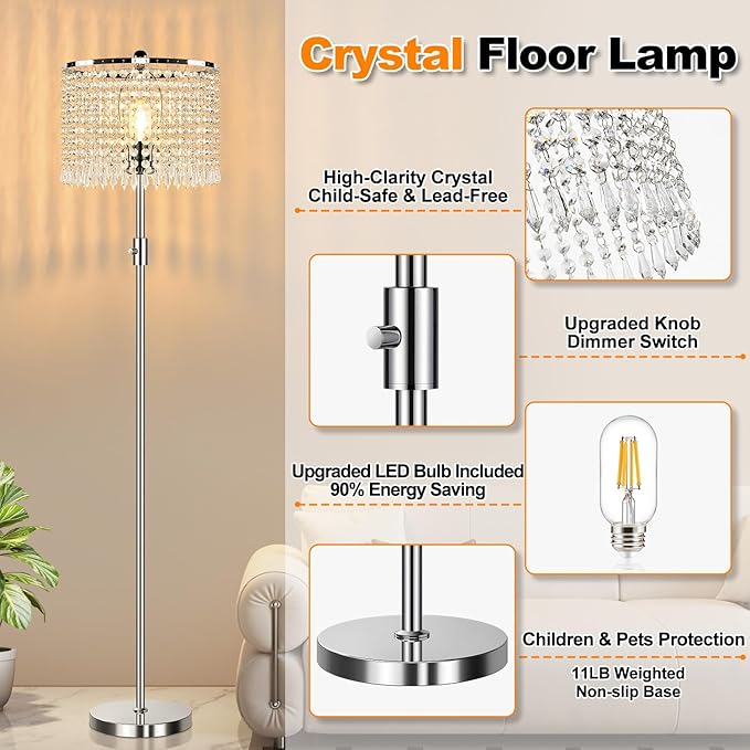 【Upgraded】 Floor Lamps for Living Room, 1000LM LED Bulb Included, Dimmable Standing Lamp with Crystal Lampshade, Tall Silver Pole Light for Bedroom Nursery Office Corner Reading