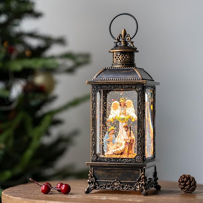 Christmas Snow Globe Lighted Angel & Nativity Scene, Musical Water Lantern in Swirling Glitter, Holiday Decorations Gifts for Family, Children or Friends