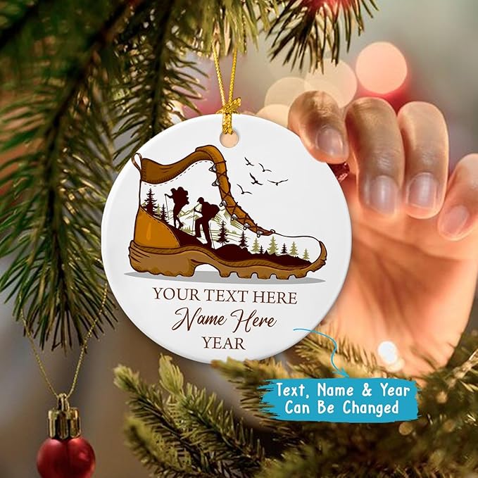 Hiking Boot Ceramic Ornaments, Personalized for Men Women, Hiking Adventure Xmas Ornament Gift for Hikers, Custom Hiker Ornament Christmas Tree with Name, Hiking Nature Lover Gifts