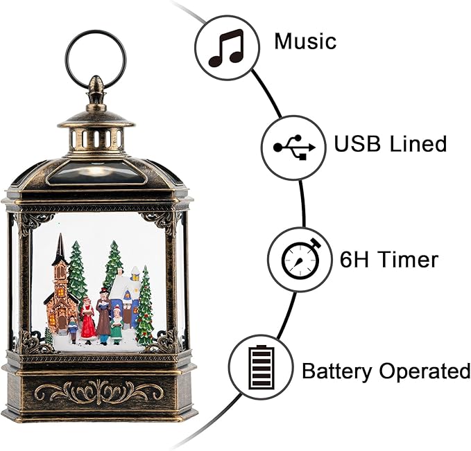 Musical Snow Globe Lantern Lighted Church Carolers Christmas Village Snow Water Lantern Swirling Glittering Home Decoration and Gift, Battery Operated or USB Powered