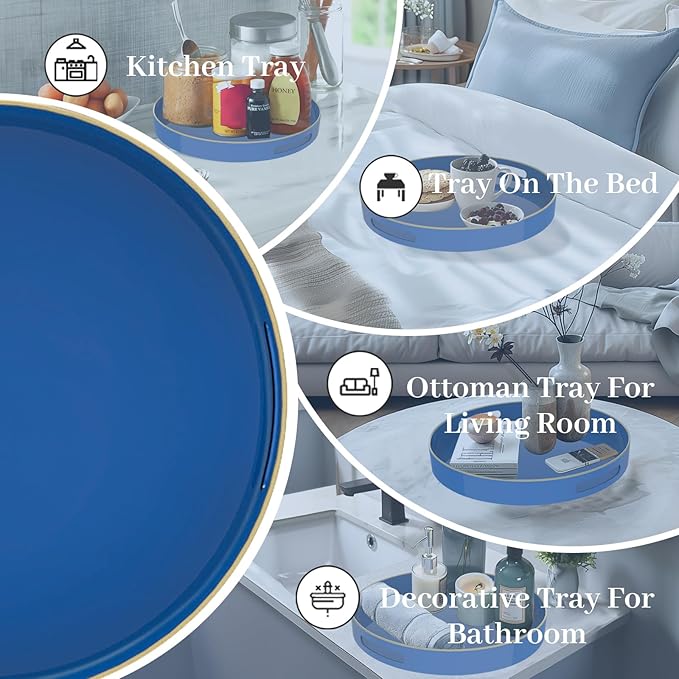 MAONAME 13" Blue Round Tray, Navy Serving Tray with Handles, Modern Decorative Tray for Coffee Table, Plastic Tray for Ottoman, Bathroom, Decor
