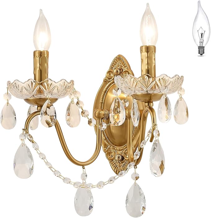 Crystal Wall Sconce, Gold Wall Sconces, Gold Sconces Wall Set of 2, for Living Room, Bedroom, Bathroom,Vanity