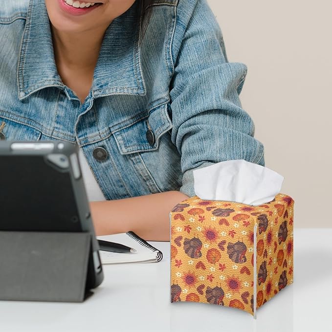 Turkey Pumpkin Tissue Box Cover Holder Square Facial Tissue Case Facial Paper Organizer Dispenser for Bathroom Bedroom Living Room Decor Thanksgiving PU Leather Napkin Boxes Covers