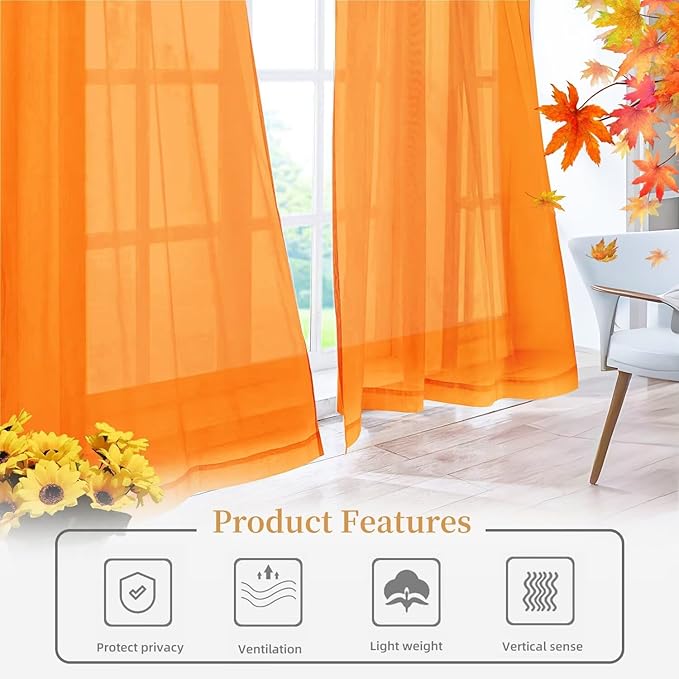 Sheer Curtains 72 Inches Long 2 Panels, Rod Pocket Short Curtain for Kitchen, Bedroom, Cafe Window(Orange 38" W x 72" L)