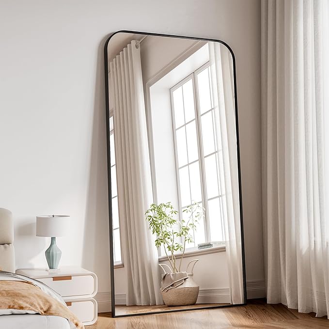 Koonmi Full Length Mirror, 76"x34" Mirror Full Length with Stand, Black Domed Top Square-Edged Floor Mirror with Aluminum Alloy Frame for Bedroom Living Room