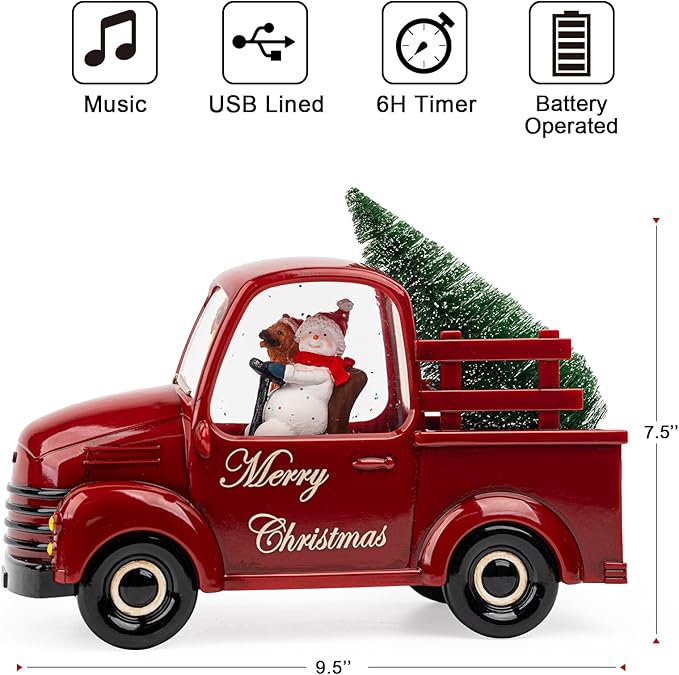 Xindian Musical Red Truck Snow Globe with Swirling Glitter, Snowman & Dog, Carrying Christmas Tree, Spinning Water Lantern for Christmas Decor