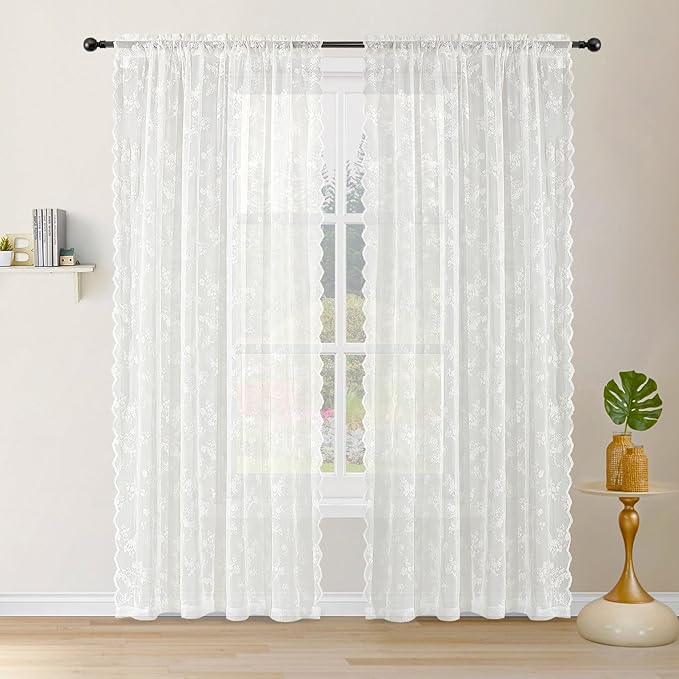 Sheer Lace Curtains 84 Inches Long, Vintage Floral Light Filtering Ivory Lace Curtains for Living Room & Bedroom, Rod Pocket, 2 Panels Set, Tiny Flower Pattern (Ivory, 52" W x 84" L)