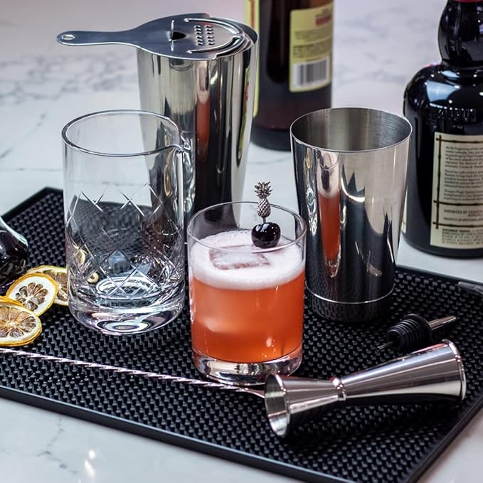 Professional Bartending Set for Shaken and Stirred Drinks: Boston Cocktail Shaker, Hawthorne Strainer, Japanese Jigger, Bar Spoon and Crystal Mixing Glass