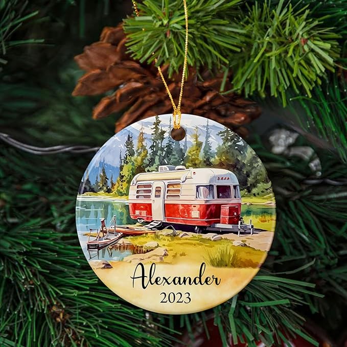 Summer Camping Beach Road Trip Ornament Keepsake Gifts for Friends, Personalized Beach Camper Ornament 2025, Surfing Board Outdoor Chair Camper Christmas Decor, Custom Name Camper Ceramic Ornament
