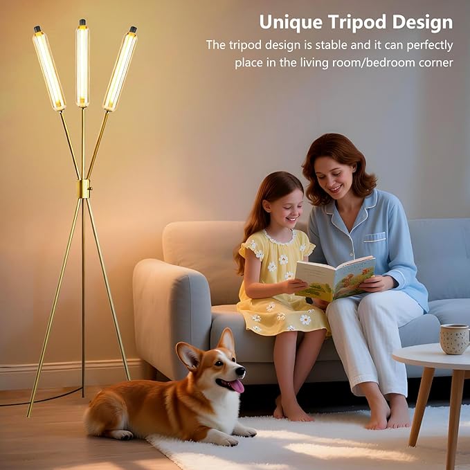 Lightdot LED Tripod Floor Lamps for Living Room, Stepless Dimmable(10-100% Brightness) Modern Standing Tall Lamp with 360° LED LampHead,Mid Century Industrial Floor Lamp for Bedroom-Gold