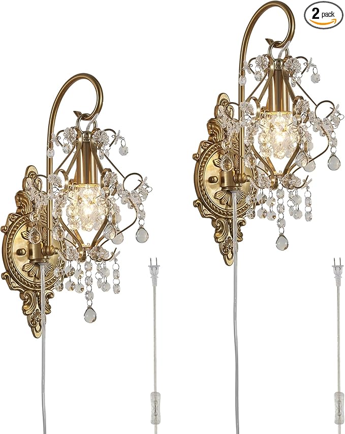 Gold Crystal Vintage Plug in Wall Sconces Set of 2 Indoor Wall Light Fixture, Modern Wall Mount Lamp Light for Bedroom Living Room Bathroom Vanity Light Hallway Light Fixture Decor LED E12