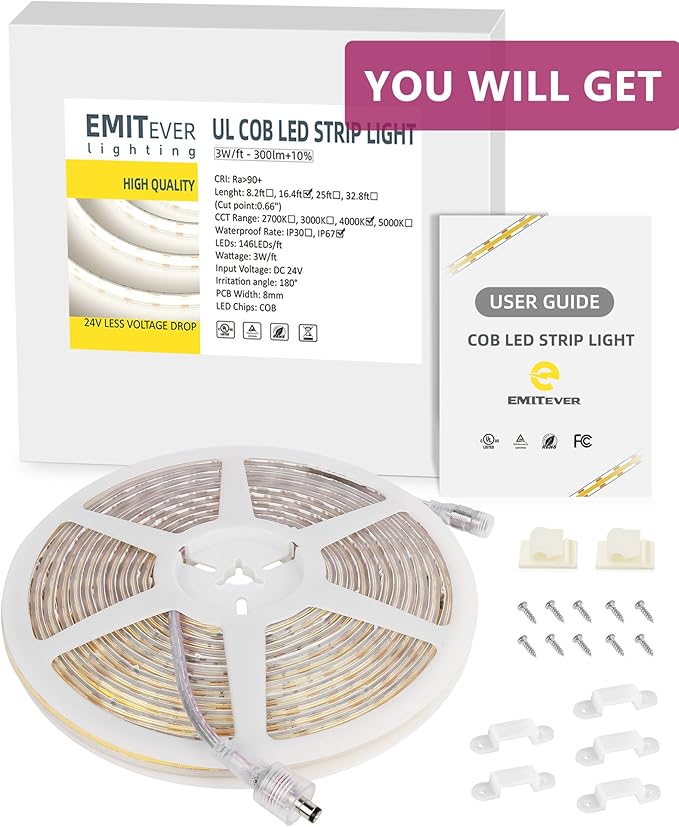 EMITEVER COB LED Strip Lights Waterproof IP67, 4000K Neutral White Outdoor 24V Dimmable Silicone Tape Lighting 16.4ft High Density, 300+LM/ft, 2400LEDs,3W/ft, UL Listed (Power Supply Not Included)