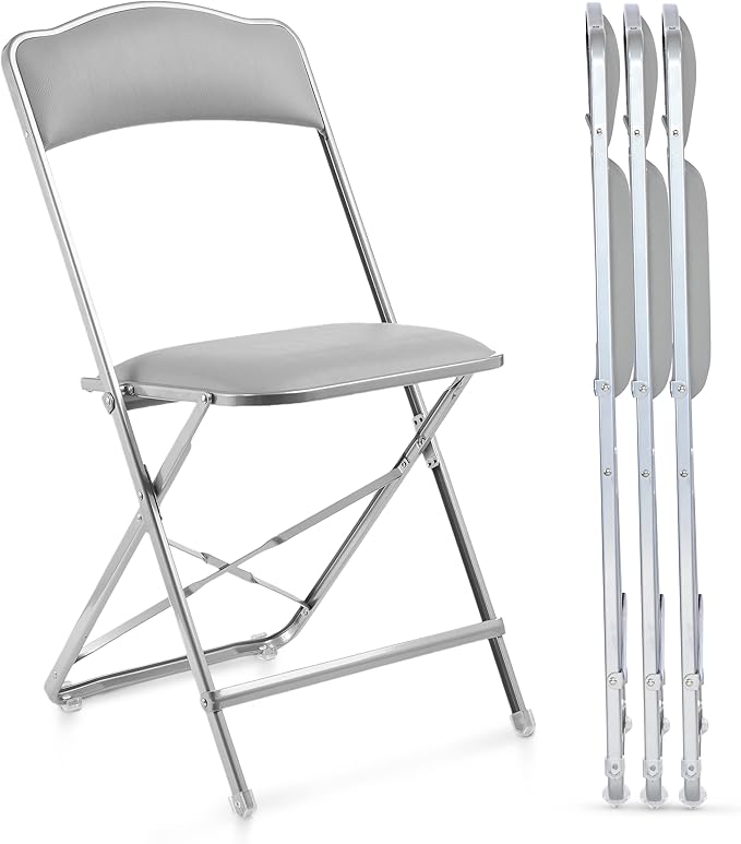 Folding Chairs with Padded Seats 4 Pack - Foldable Chair with Heavy-Duty Steel Frame, Elegant Party Bridge Chairs for Outside, Home, Office, Indoor & Outdoor Events - Silver/Grey